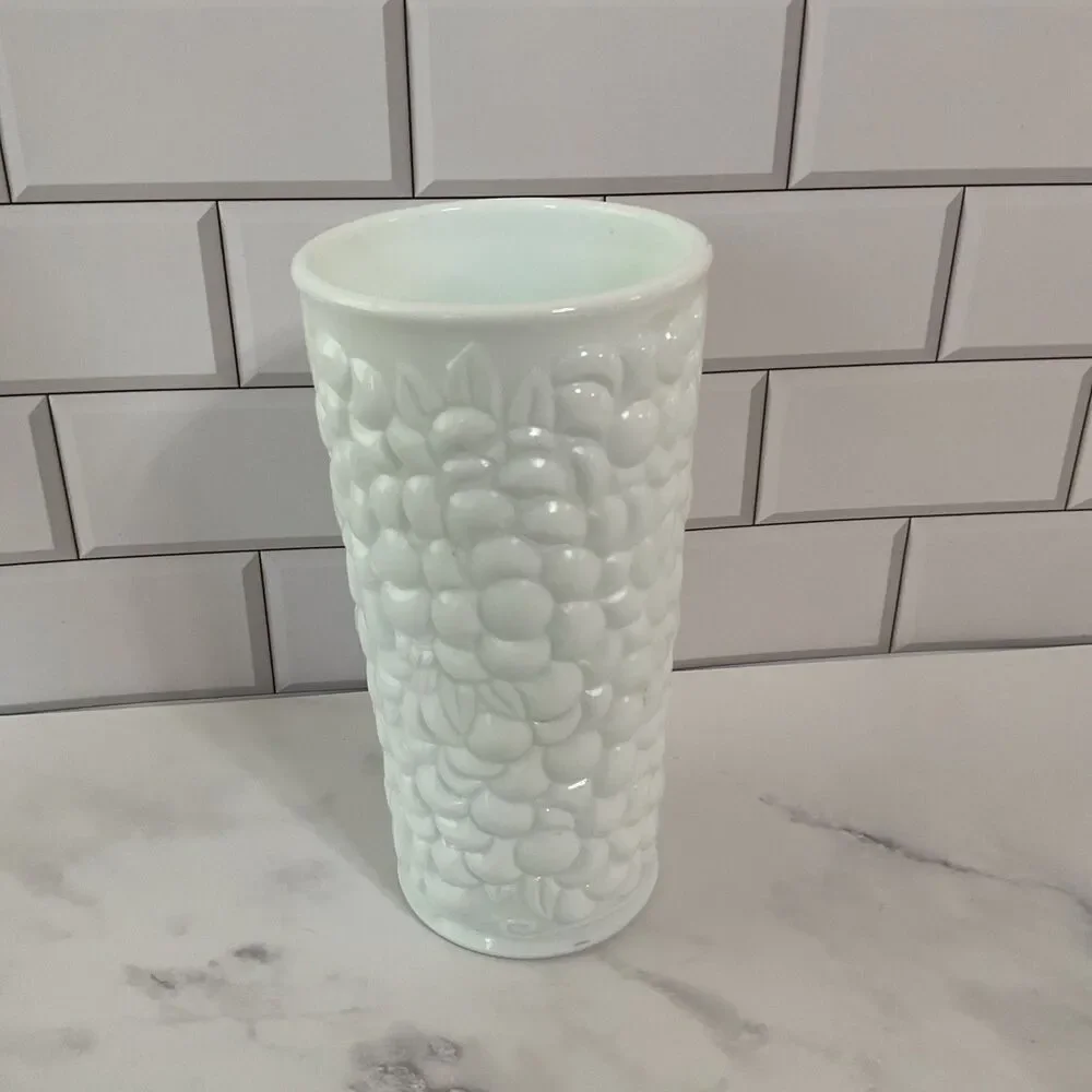 Vintage Milk Glass Grapes & Vines VASE 7.5” Tall 3.75” Round